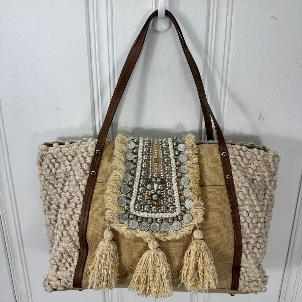 STEVEN Boho Embellished Coin Beaded Tassel Woven Oversized Tote Bag